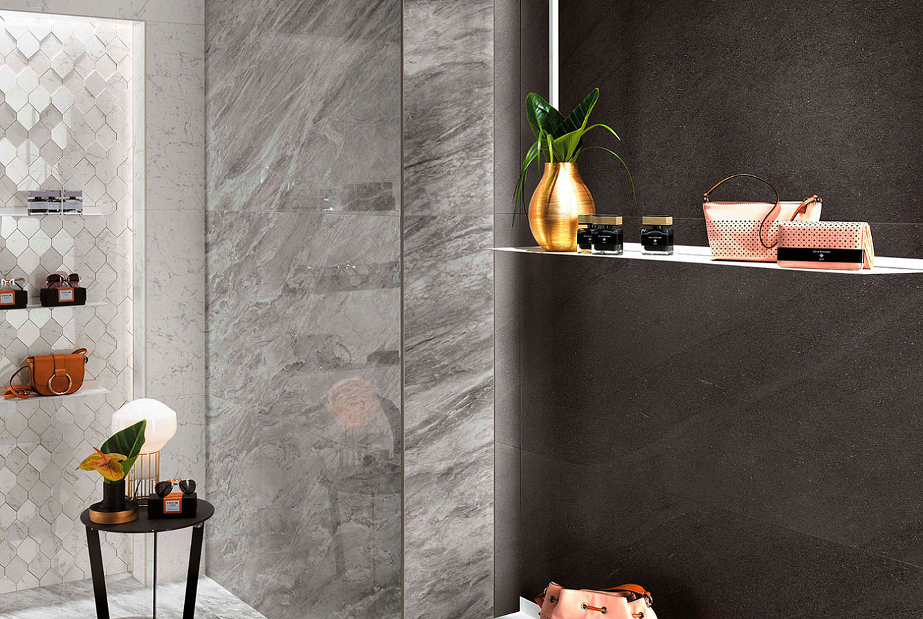 Керамогранит Marvel Bardiglio Grey Lappato 75x150, Marvel Carrara Pure Lappato 75x150,Marvel Basaltina Volcano 75x150, Мозаика Marvel Carrara Pure Mosaico Esagono 3D 28,2x35,3